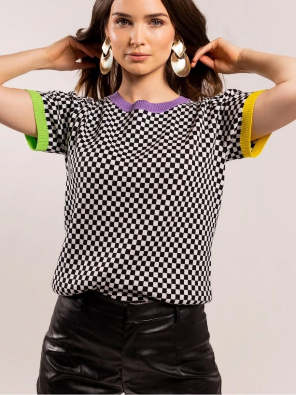 Sparkle City Short Sleeve Mardi Gras Checkered Sweater